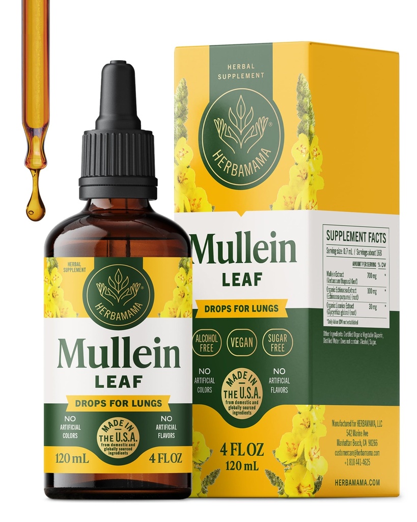 HERBAMAMA Mullein Drops for Lungs - Vegan Lung Cleanse with Mullein Leaf Extract, Echinacea Tincture & Licorice - Non-GMO, Alcohol &amp; Sugar-Free Respiratory Support Supplement - 56-Day Supply
