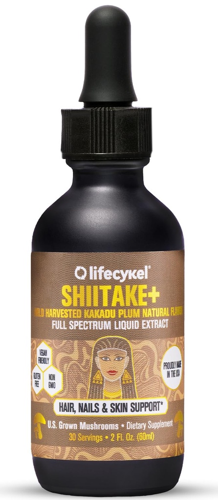 Lifecykel - Shiitake Mushroom Extract with Kakadu Plum- Hair, Skin & Nail Support, Anti Aging Supplement- 100% Organic Mushrooms, Immune Boosting, Vitamina C Made in The US- 2 Fl oz(Packaging May Vary)
