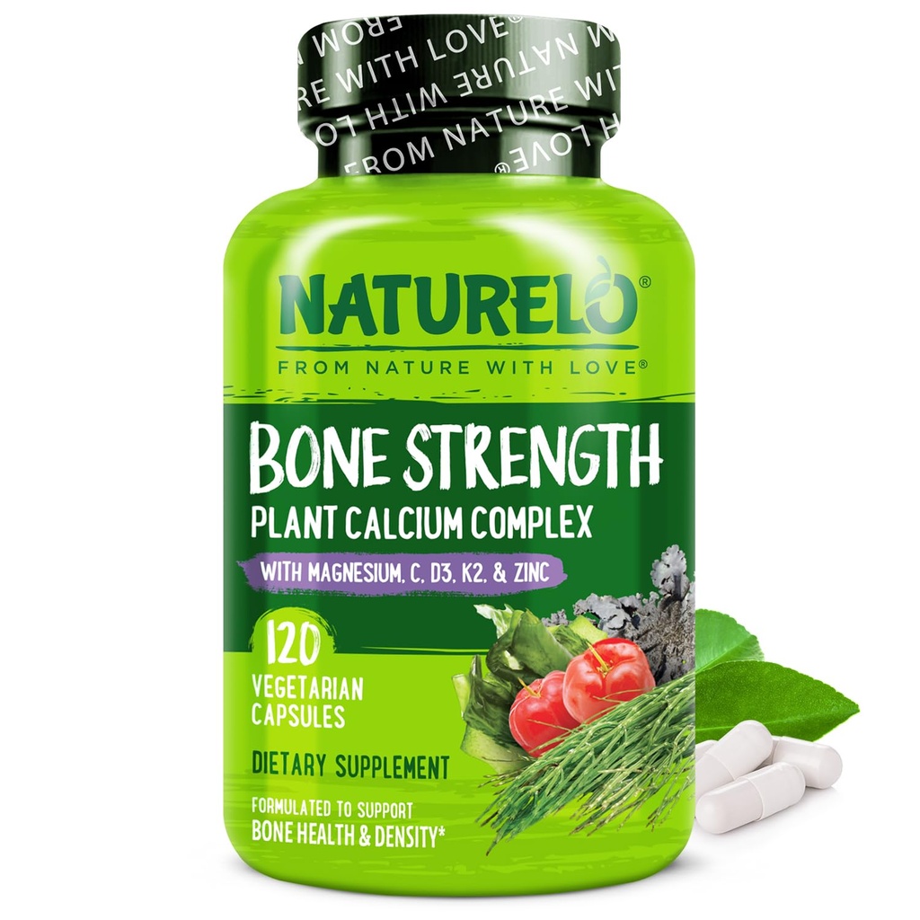 Suplemento de calcio NATURELO - con vitamina C, vitamina D3, K2, y zinc de calcio para la fuerza ósea con calcio 600 mg - base vegetal, 120 cápsulas vegetarianas, no GMO, soy " libre de gluten "