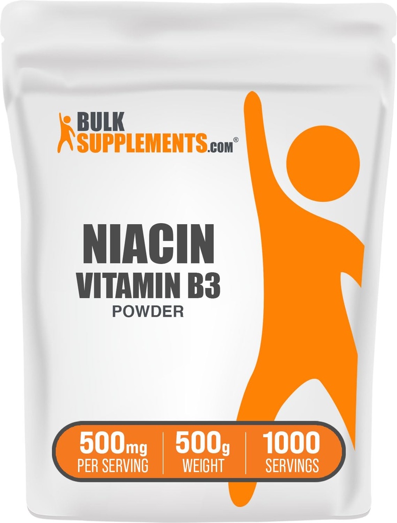 BulkSupplements.com Powder de niacina - Suplemento de vitamina B3, Niacina 500mg - Flush de niacina, Niacina con Flushing - Gluten Gratis, 500 mg de niacina por Serving, 500g (1.1 lbs) (Pack of 1)
