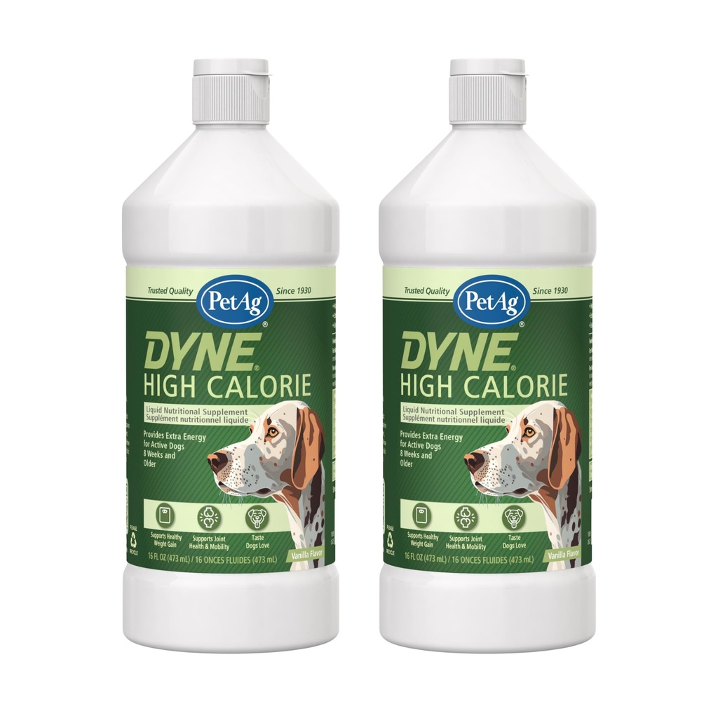 PetAg Dyne High Calorie Liquid Nutritional Supplement for Dogs & Puppies 8 Weeks and Older - 16 oz, Pack of 2 - Supports Performance and Endurance - Sweet Vanilla Flavor