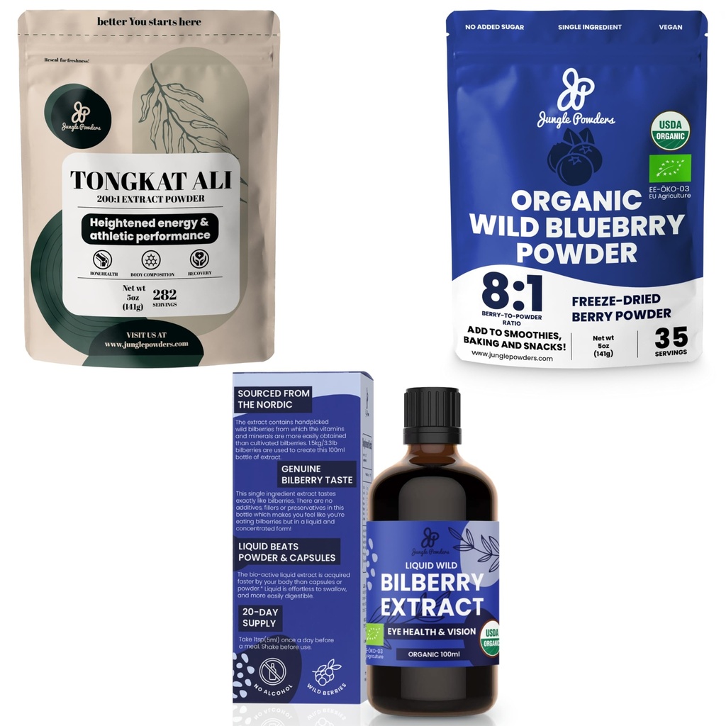 Polvos Jungle Ultimate Hombres Salud &amp; Bienestar Bundle: 5oz Tongkat Ali Powder, 5oz Polvo de arándanos silvestres &amp; 3.4oz Extracto líquido de arándanos orgánicos - Suplementos Premium para conducir, pasión, vista