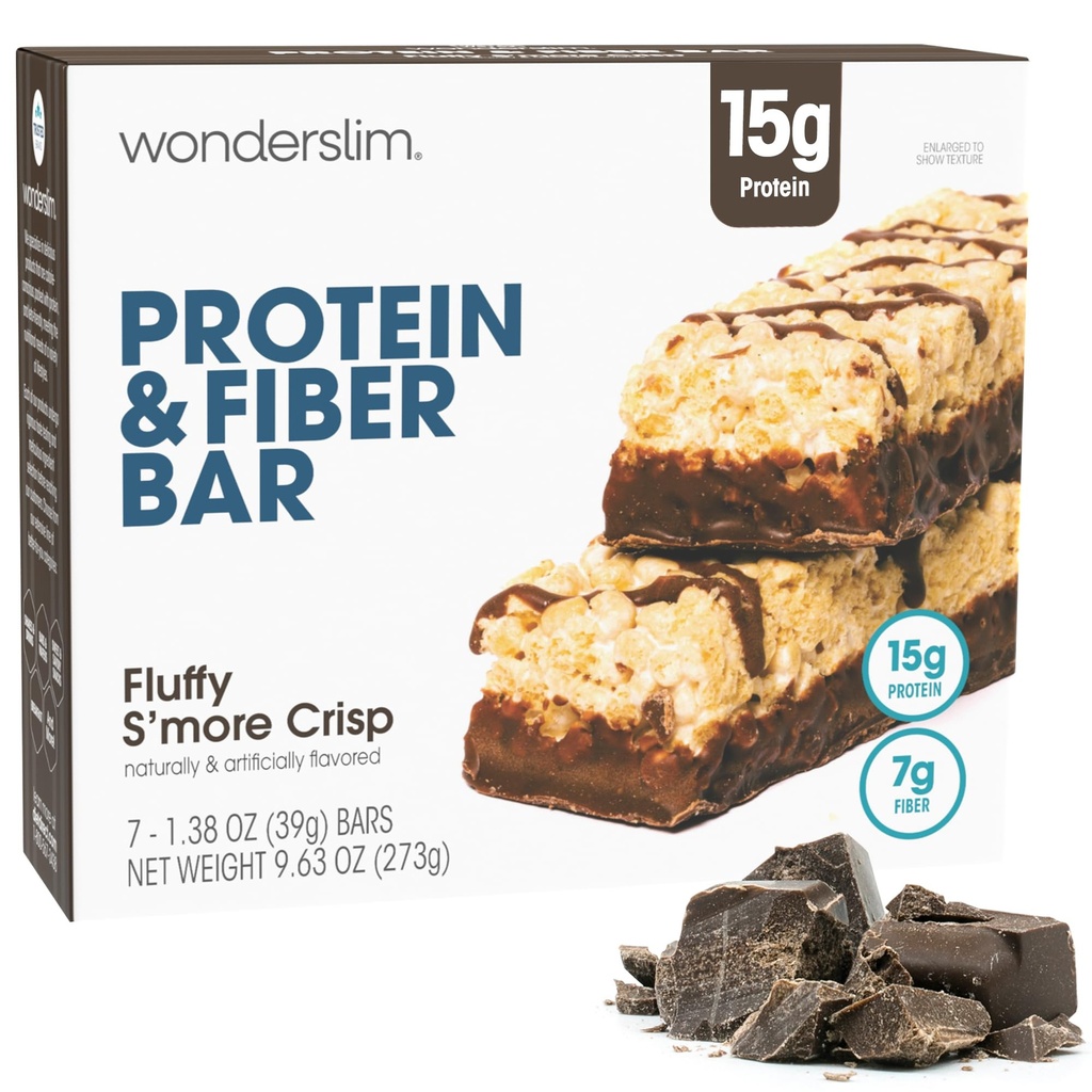 Wonderslim High Fiber Protein Bares, Fluffy S'more Crisp  15g Protein, 8g Fiber peru Low Sugar, Low Carb ← Healthy Indulgence ← Satisfying, Supports Energy & On-the-Go Convenience, 7 Pack