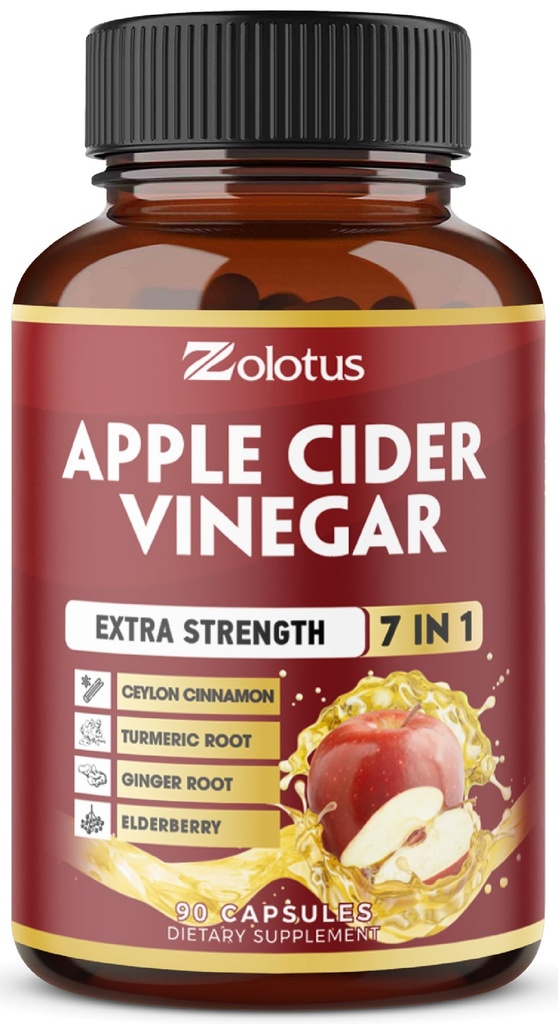 Zolotus 7 en 1 Cápsulas de vinagre de manzana, 3 meses de suministro con canela de Ceylán, raíz de jengibre, Turmérica, Elderberry para soportes Digestión, Immune, 90 cápsulas