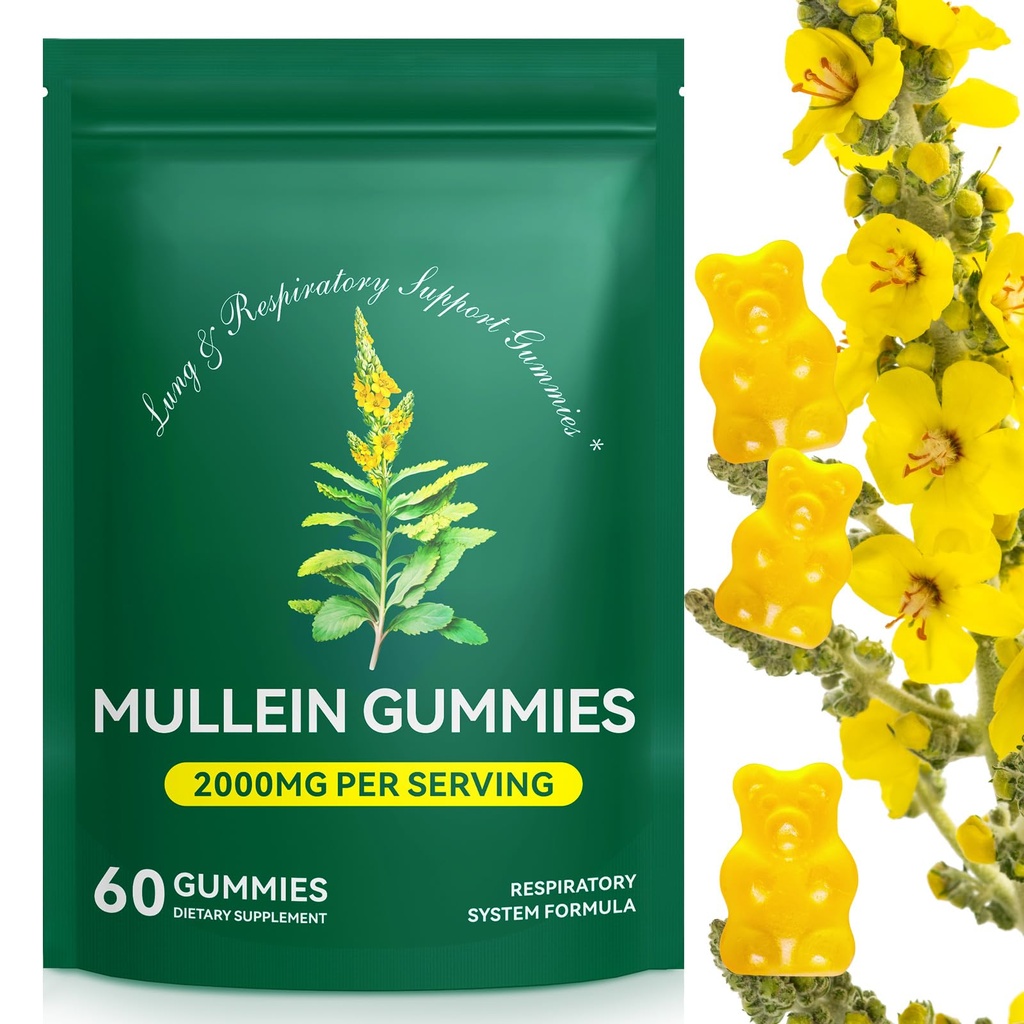 Mullein Gummies for Lung Detox, 2000mg Mullein Leaf Extract for Respiratory &amp; Digestive & Immune Support, Organic Mullein Herb Supplement for Mucus Relief for Respiratory, Immune, Vegan 60 Gummies