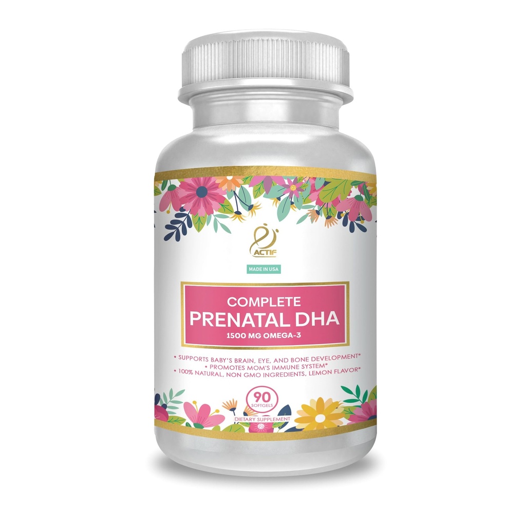 ACTIF Completa DHA prenatal con 1500mg Omega-3, 100% natural, DHA orgánico, EPA – No GMO, 90 Cuenta