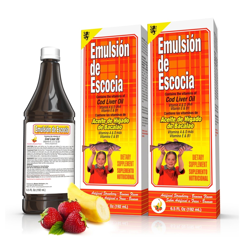 Emulsión de Escocia Cod Liver Oil Liquid Supplement with Vitamins A, D, E & B1 - Natural Fish Oil Omega 3 for Kids &amp; Adults - Delicious Strawberry Banana Flavor - 6.5 oz (2-Pack)