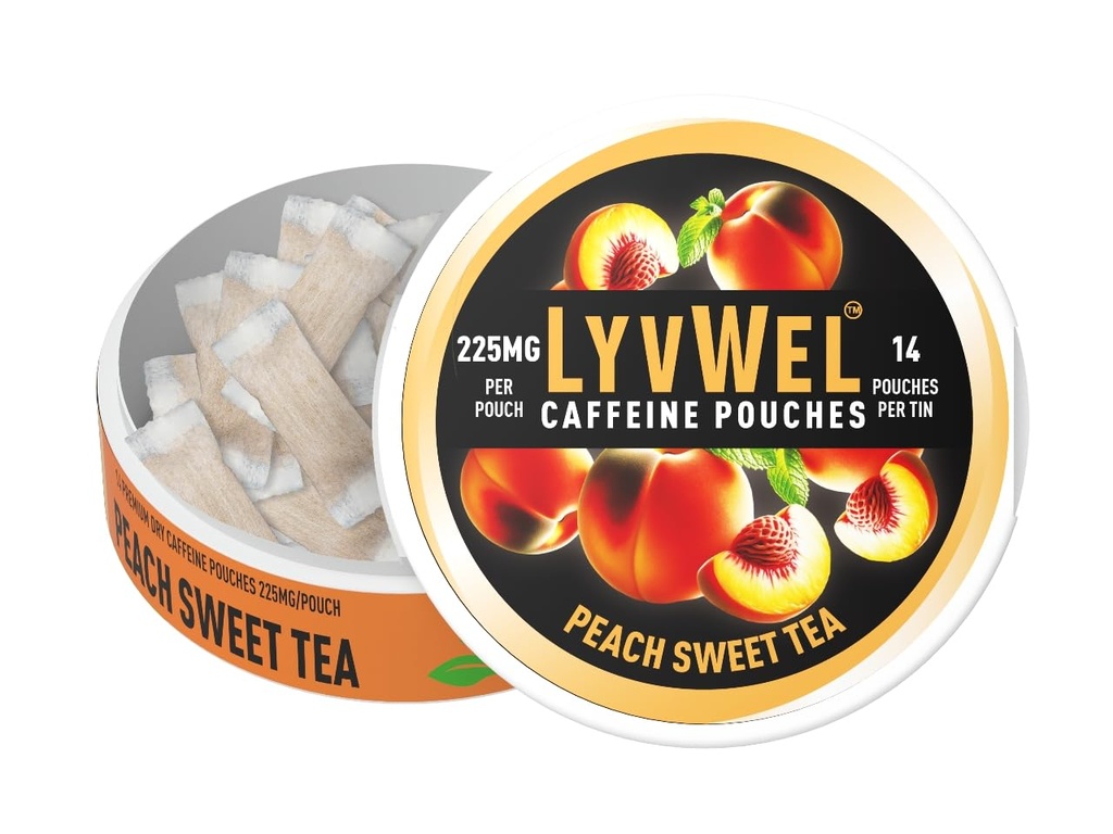 LivWel Ultra Caffeine Pouch – Peach Sweet Tea – 225mg Caffeine natural con Guarana – Energía limpia para Focus &amp; Mood – 1-Pack (15 Pouches)