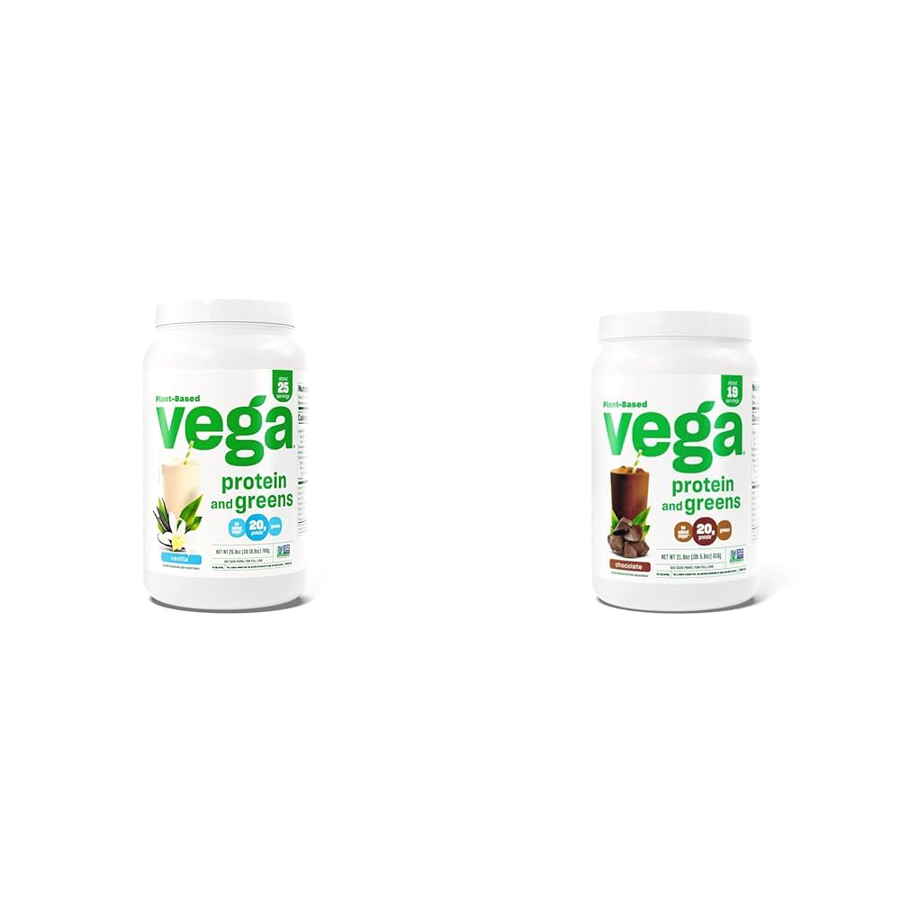 Vega Proteínas y Verdes Polvo Proteína, Vainilla - 20g Proteína con base vegetal más verduras, Vegan &amp; Proteína y Verdes Proteína Chocolate de Polvo (19 Servimientos) - 20g Proteína con base vegetal Plus
