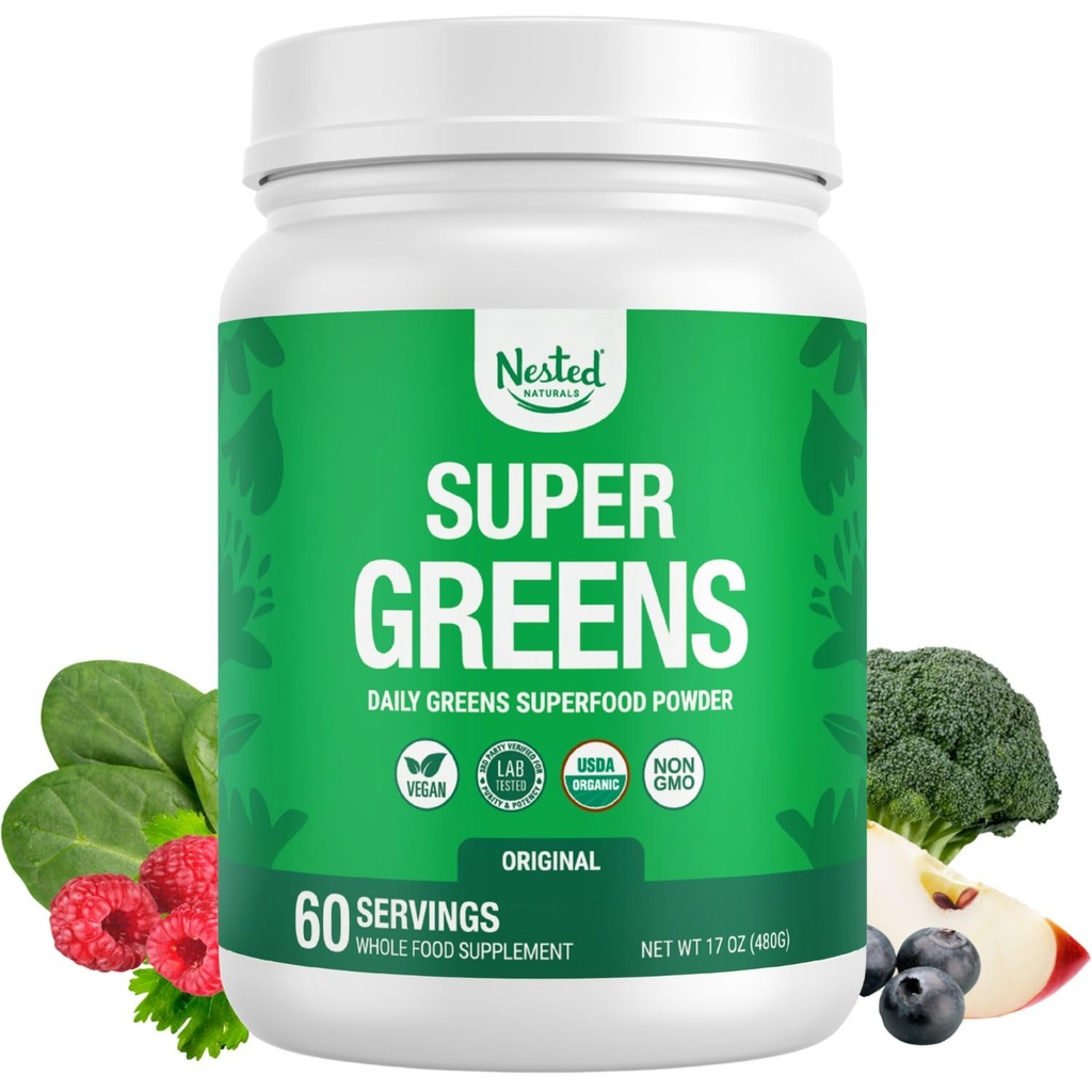 Naturales anidados Super Greens Daily Superfood Powder - Certified USDA Organic Green Powder w/20+ Whole Foods, Spirulina Powder, Wheat & Barley Grass - Probiotics, Fiber & Enzymes - Original Flavor, 60