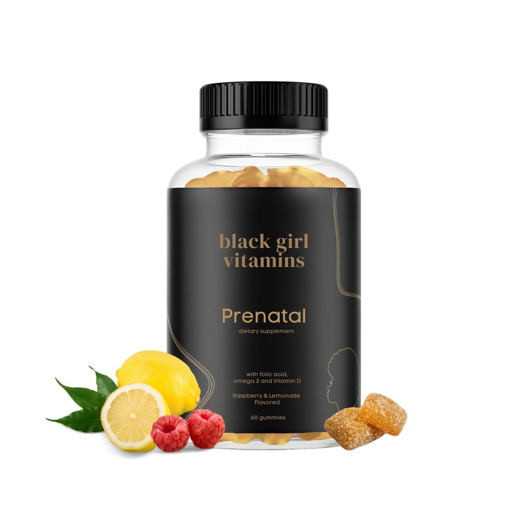 Vitaminas de las niñas negras - Gummies prenatales para las mujeres Vitamina con Folato para el apoyo a la salud ósea, libre de gluten, (Raspberry-Lemonade), 60ct