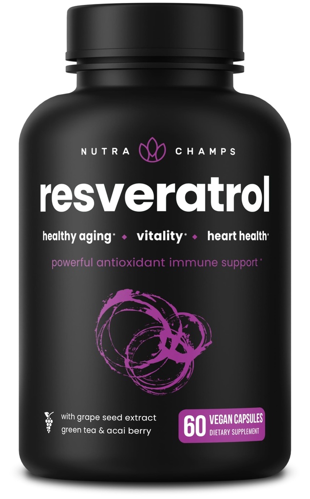 NutraChamps Resveratrol Supplement, Extra Strength Formula for Healthy Aging, Immune Support, 60 cápsulas Vegan con Trans-Resveratrol, Green Tea Leaf, Acai Berry &amp; Grape Seed Extract