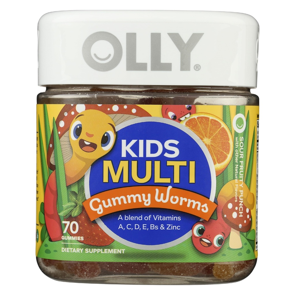 OLLY Kids Multivitamin Gummy Worms, Global Health and Immune Support, Vitamins and Minerals A, C, D, E, Bs and Zinc, Chewable Supplement, Sour Fruit Punch, 45 Day Supply - 70 Count
