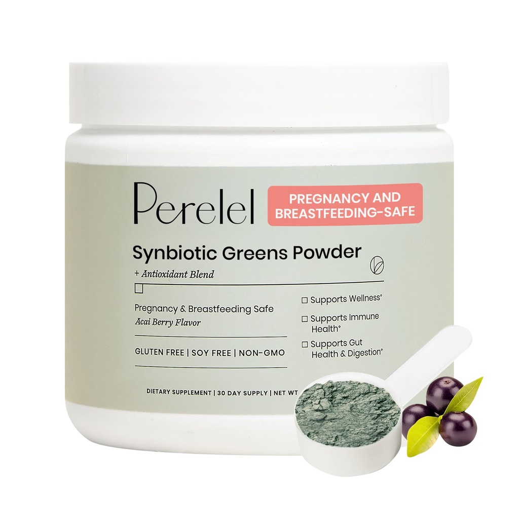 Perelel Synbiotic Greens Powder, Superfood Blend with Fruits, Vegetables, Probiotics, Fiber, Spirulina & Clorella, Daily Greens Supplement, Soy & Gluten Free, Non GMO, Acai Berry Flavor, 30 Servings