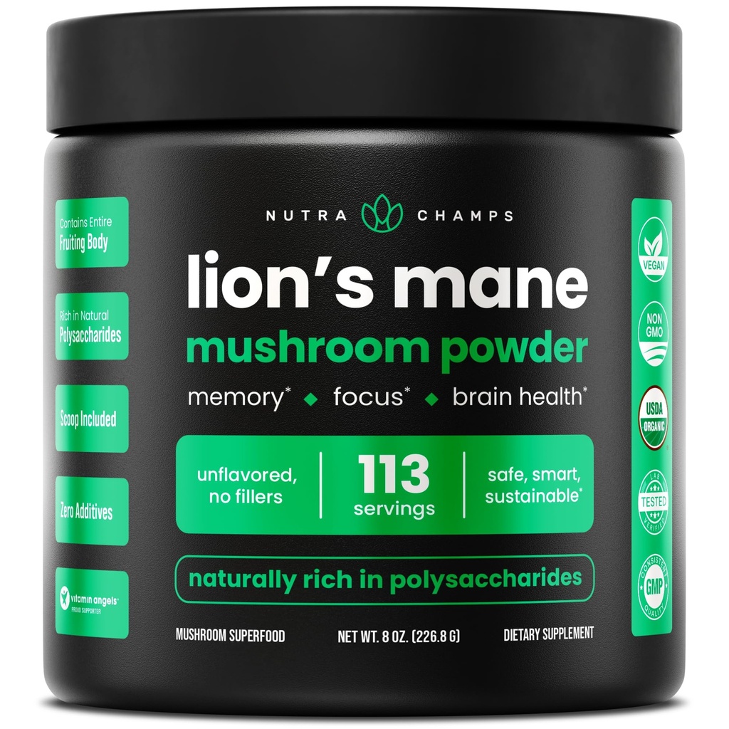 NutraChamps Organic Lions Mane Powder - 2000mg Powerful Nootropic for Memory, Focus, Immune Support - Vegan Lion's Mane Mushroom Suplemento con Beta-Glucans naturalmente recurrente - 8oz