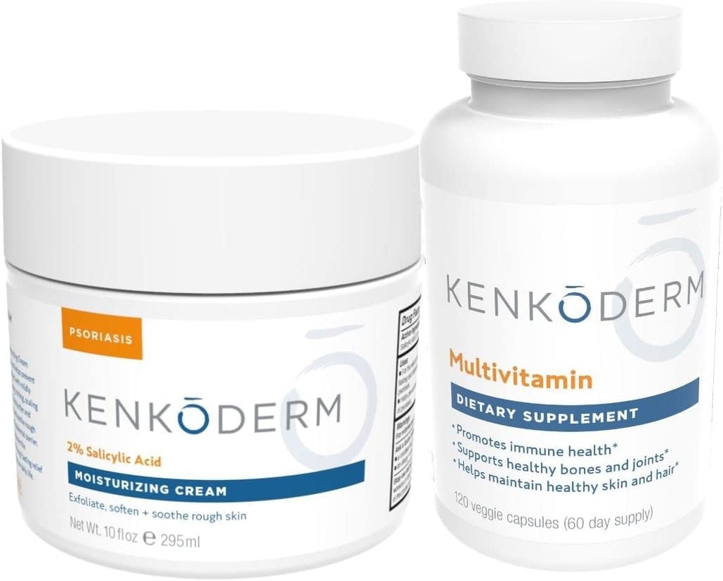 Kenkoderm Psoriasis Crema hidratante &amp; Multivitamin Skin Care Bundle, Crema hidratante con ácido salicílico, 10 oz &amp; Multivitamínico con Omega 3 &amp; Vitamina D, Suplemento de Apoyo Inmuno, 120 cápsulas