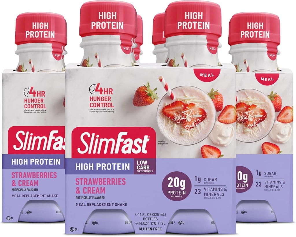SlimFast Advanced Nutrition Meal Replacement Protein Shake - Listo para beber, rosa, fresas &amp; crema, 4 botellas (Pack of 3)