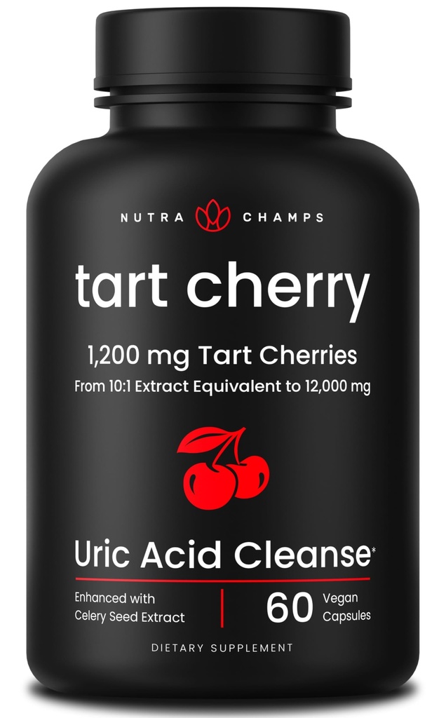 Extracto de la cereza de la tarta orgánica Capsules 12,000mg - Hecho de Montmorency Tart Cherry Concentrate, Celery Seed & Bilberry - Uric Acid Cleanse & Joint Support - Vegan Capsules