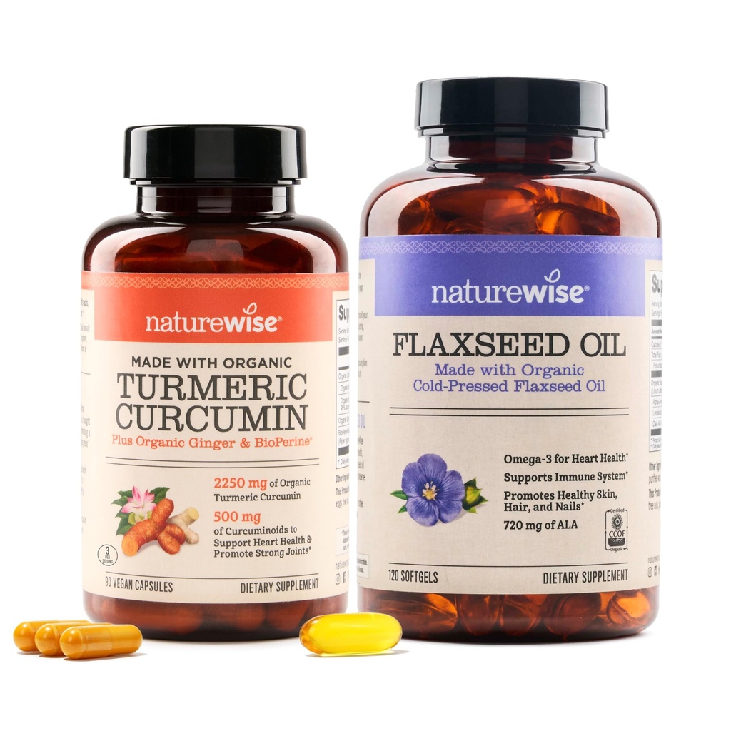 NatureWise Curcumin Turmeric 2250mg &amp; Flaxseed Oil 1200mg Omega 3 6 9 Softgels for Joint, Heart & Immune Support [1 & 2 Month Supply]