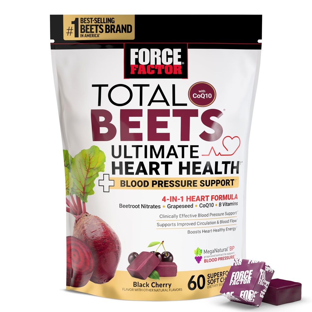 FACTOR FACTOR Total Beets Ultimate Heart Health Chews for Blood Pressure Support, with Beetroot Powder, CoQ10, B Vitamins &amp; Grapeseed Extract for Blood Flow & Energy, Black Cherry, 60 Soft Chews