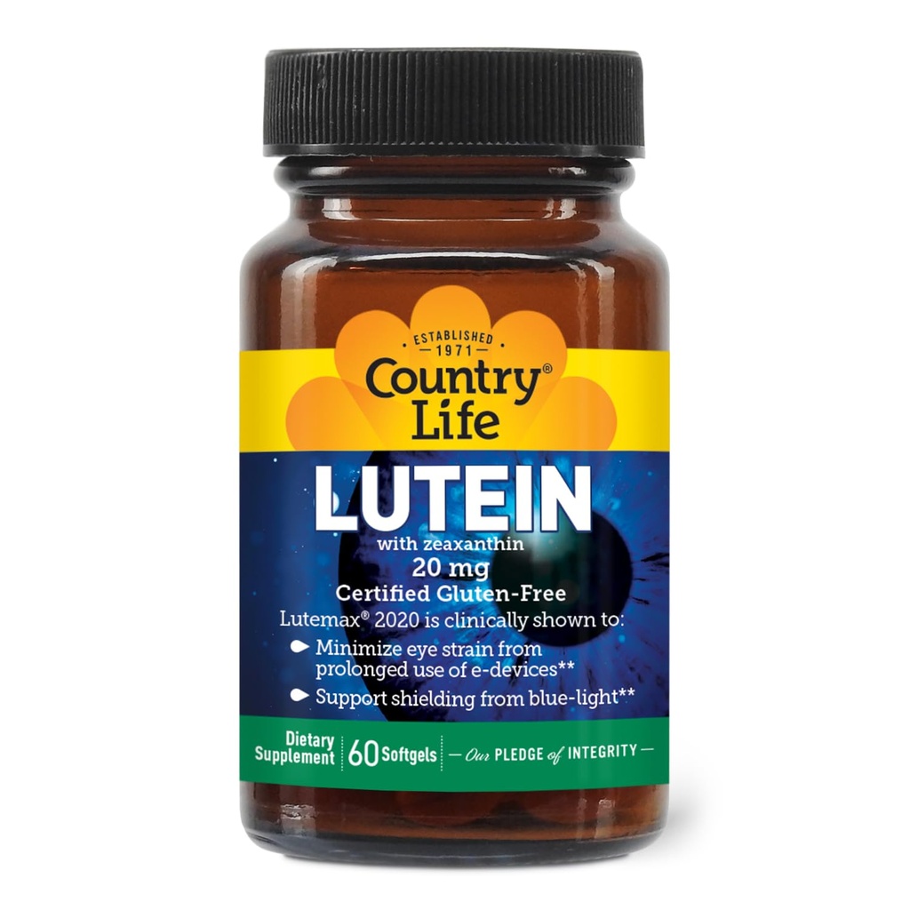 Country Life Lutein 20 mg Suplemento - Certified Gluten-Free - Eye Health Support with Lutein and Zeaxanthin - Reduce el estrecho de ojos de las pantallas - No levadura, maíz, trigo, leche - 60 Softgels