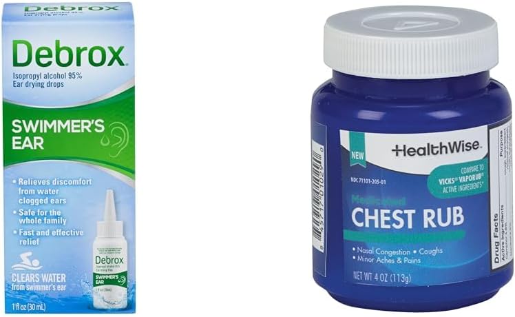 Debrox Swimmer's Ear Drops, 1 Fl Oz y HealthWise Medicated Chest Rub, 4 oz. Bundle