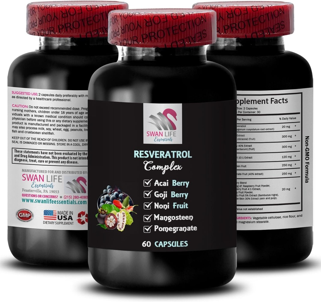Superalimentos de Berry - RESVERATROL COMLEX - Potentes antioxidantes, Estilo de vida equilibrado, Energía Flavorosa, Fuerza de Berry de Acai, Noni Blend, Beneficios de Berry, Equilibrio de hidratación, Refrescando 1 Botella 60 Caps