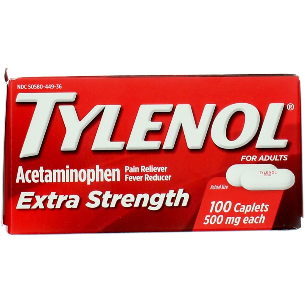 Tylenol Extra Strength Caplets con 500 mg de Acetaminofeno, Alimentador de Dolor " Reductor de fiebre, 100 ct
