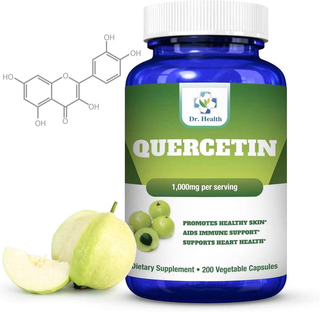 Quercetina 1000Mg 200 cápsulas vegetarianas Suplemento dietético (No-GMO,Gluten Free) Bioflavonoides naturales Admite la salud cardiovascular, la salud respiratoria, la inmunidad de apoyo y el envejecimiento saludable en EE.UU.