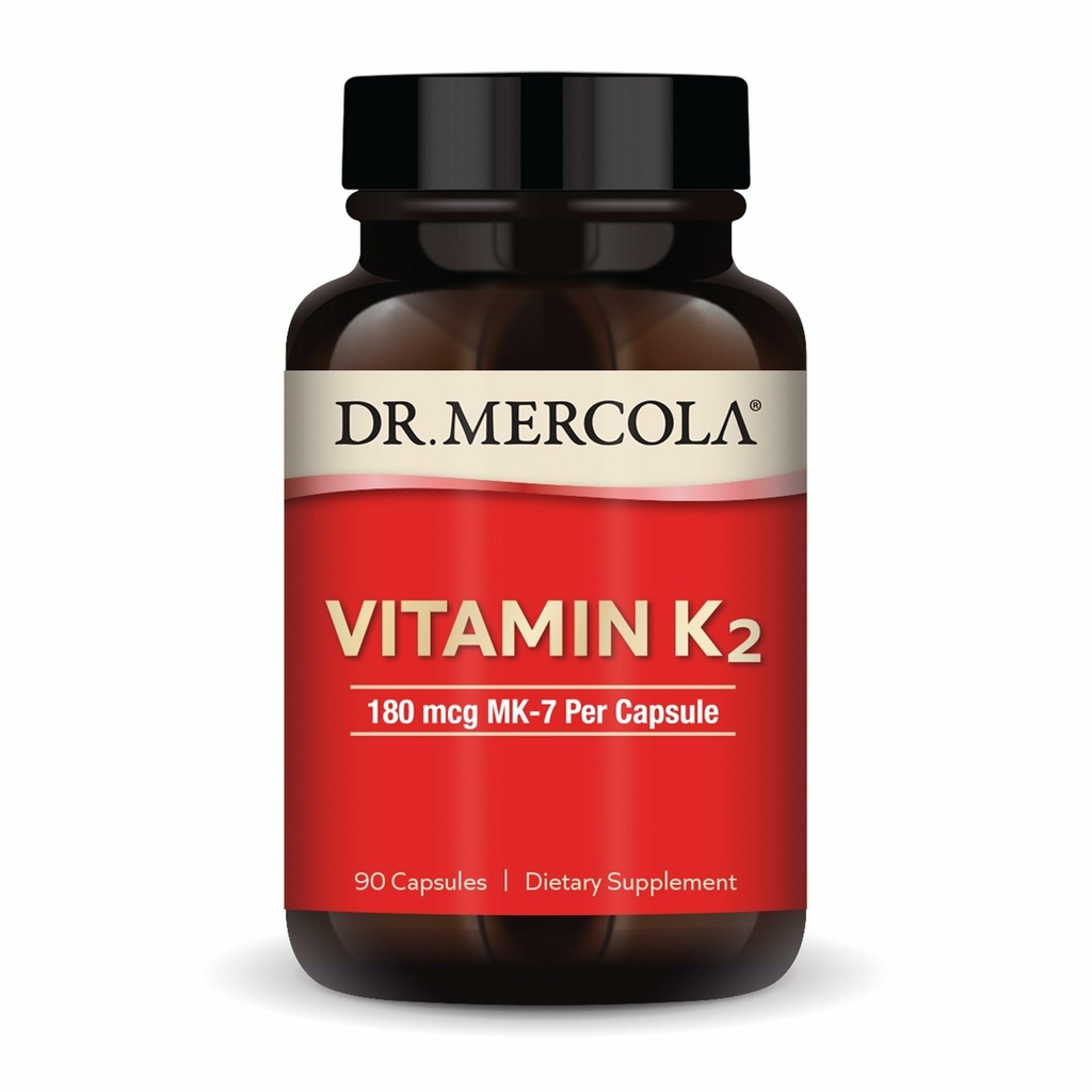 Dr. Mercola Vitamina K2-180 mcg Vitamina K2 como MK-7 - Apoya Función Arterial saludable " Salud cardíaca - Sin gluten " sin gluten " sin lácteos - 90 cápsulas (90 piezas)