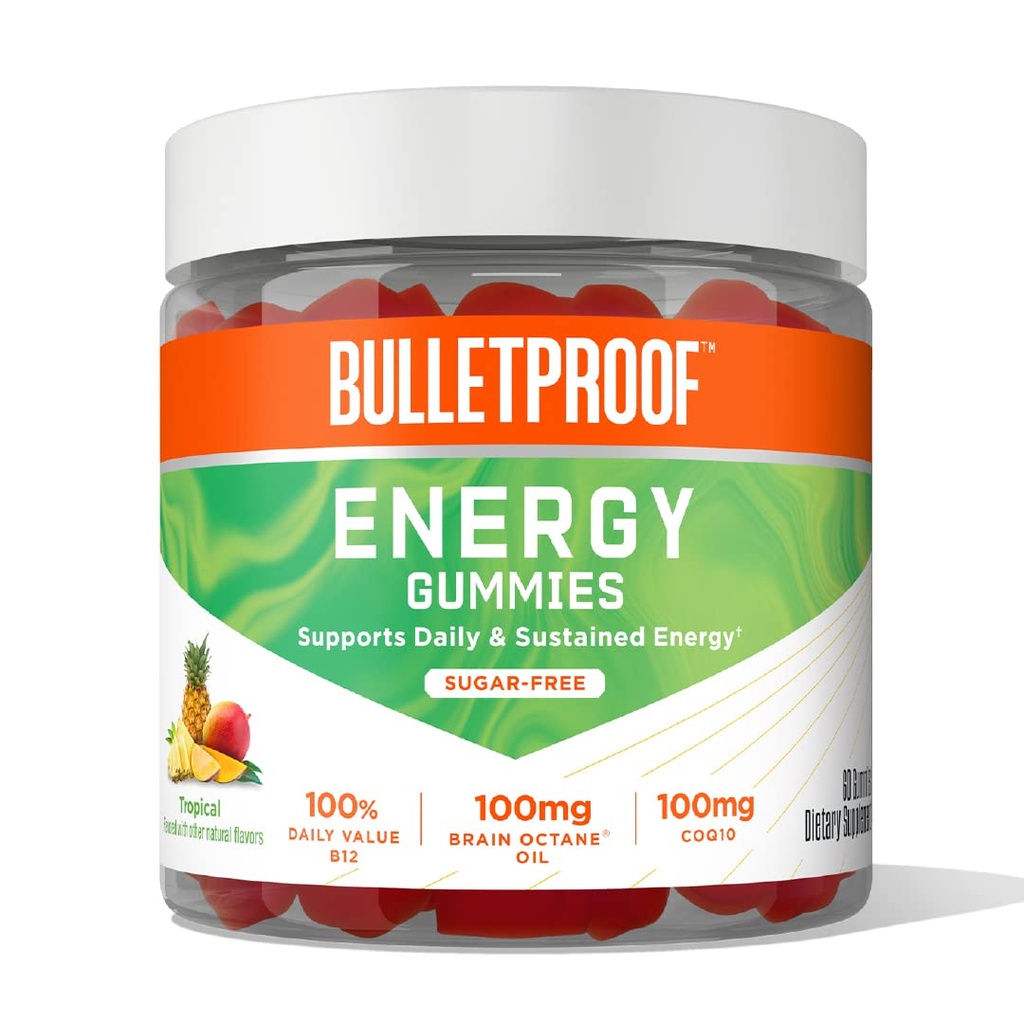 Bulletproof Sugar-Free Tropical Energy Gummies, 60 Conde, Suplemento de Energía Sostenida diaria con 100 mg CoQ10, Valor diario de B12, 100 mg Brain Octane Oil