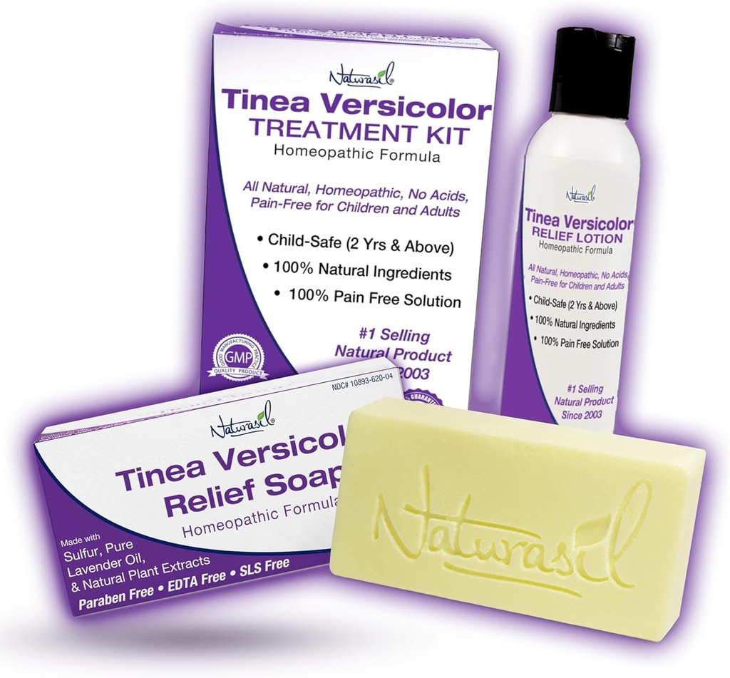 Kit de tratamiento antifúngico de Naturasil Tinea Versicolor Gentle &amp; Fast Relief for All Types of Tinea, Folliculitis, Itch &amp; Chilblains sometida Safe for Kids &amp; Adults resist Sulfur Lotion (4oz) + 1 Relief Soap (4oz)