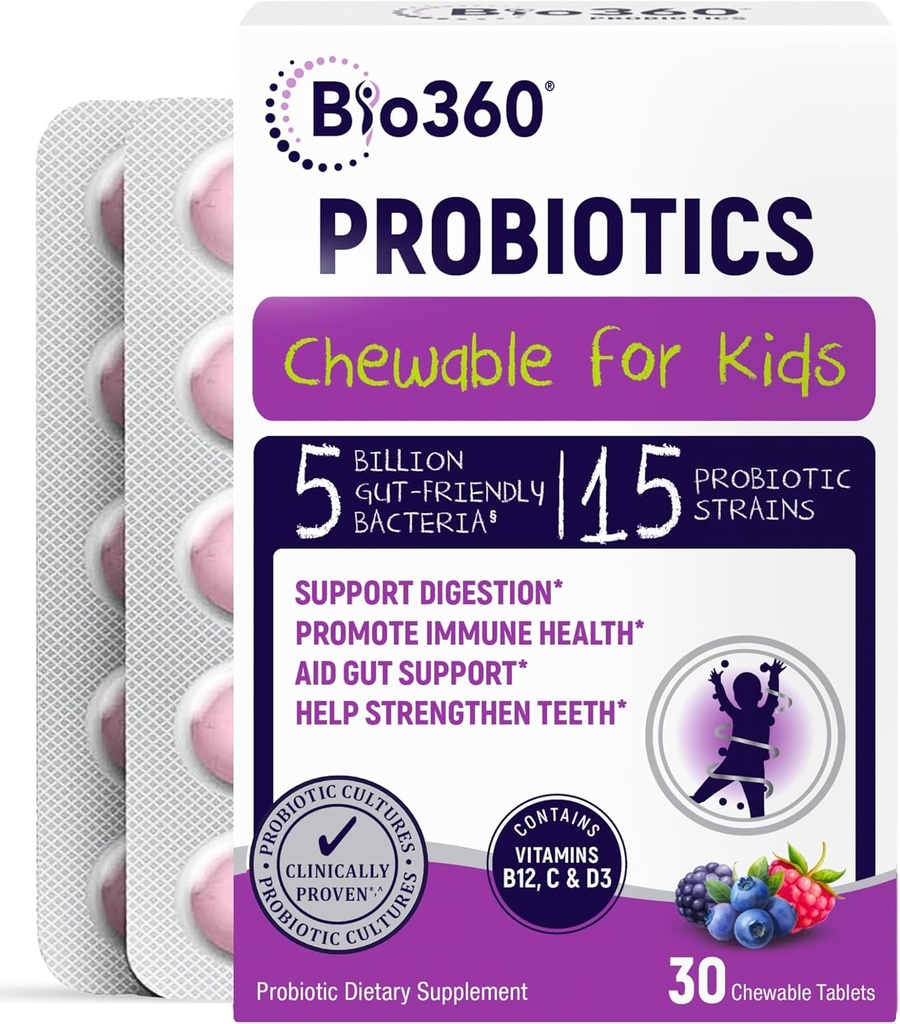 Bio360 Probiotics for Kids - 15 Strains &amp; 5 Billion CFU Supports Brain, Immune & Digestive Health - Kids Probiotic Chewable with Organic Prebiotics for Gut &amp; Constipation, Mixed Berry Flavor, 30 Count