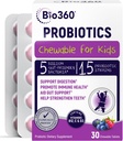 Bio360 Probiotics for Kids - 15 Strains &amp; 5 Billion CFU Supports Brain, Immune & Digestive Health - Kids Probiotic Chewable with Organic Prebiotics for Gut &amp; Constipation, Mixed Berry Flavor, 30 Count