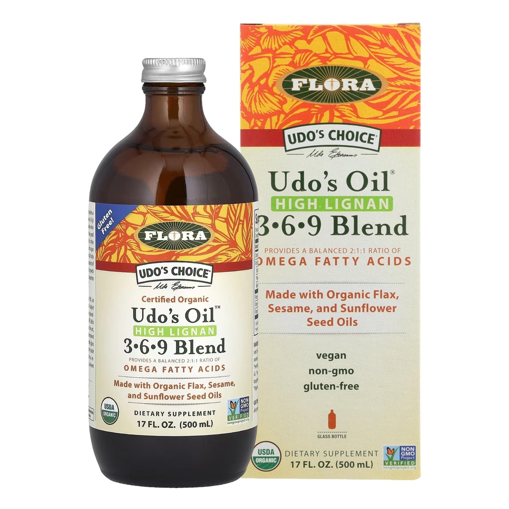 Flora - Udo's Choice High-Lignan 369 Omega Oil Blend, Udo's Oil Balanced 2:1 ratio of Omega Fatty Acids, Made with Organic Flax, Sesame & Sunflower Seed Oils, 17-oz. Botella de vidrio