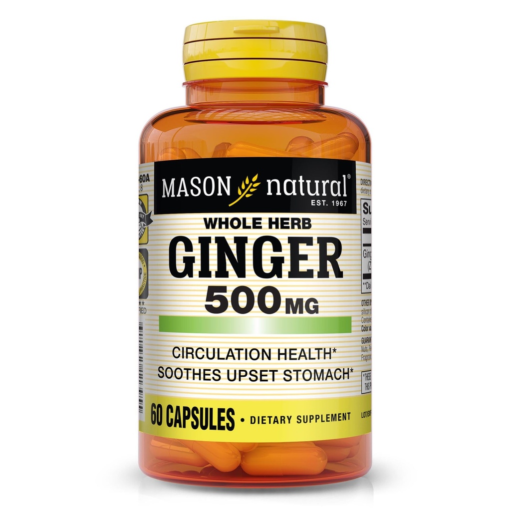 MASON NATURAL Whole Herb Ginger 500 mg, 2 Month Supply, Natural Herbal Suplemento, 60 cápsulas
