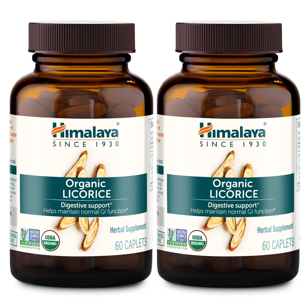 Himalaya Orgánica de Licorice, 120 Day Supply - Suplemento Digestivo de Salud para el estómago, Bloating ocasional y Heartburn - USDA Orgánica, Vegana, No GMO, No Gluten Free, 60 Caplets, 2 Pack