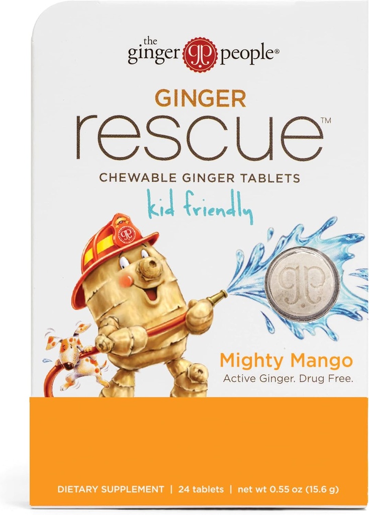 Los Ginger People Ginger Rescue® Chewable Tablets Drug Free Digestive Health, 5.5 oz Chewable Tablets, Mighty Mango Flavor, Kid Friendly, 0.55 Oz, 24 Cuenta (Pack of 1)