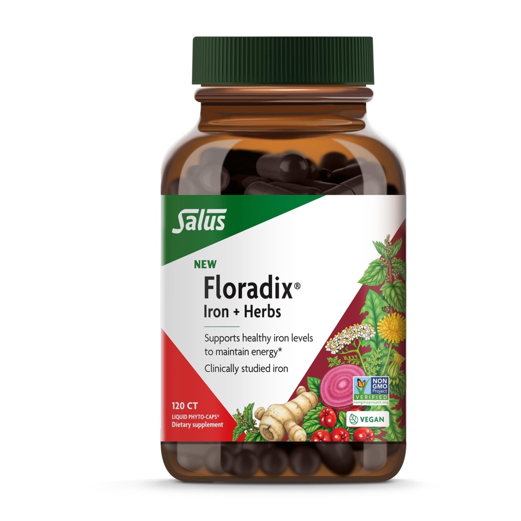 Floradix Iron + Herbs - Suplemento de hierro para el apoyo energético saludable* - Apoyo a la formación de células rojas de sangre - Vegan, no GMO, libre de gluten, libre de soja - 120 Liquid Phyto-Caps