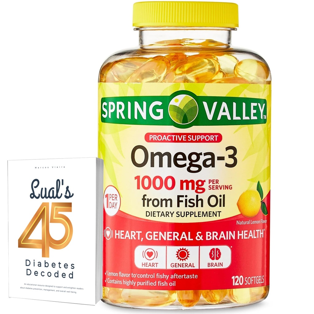 Omega-3 de Fish Oil Heart General &amp; Brain Health Suplemento dietético Softgels, 1000 mg, 120 Cuenta Bundle con 45 Diabetes de Luall Decodificado