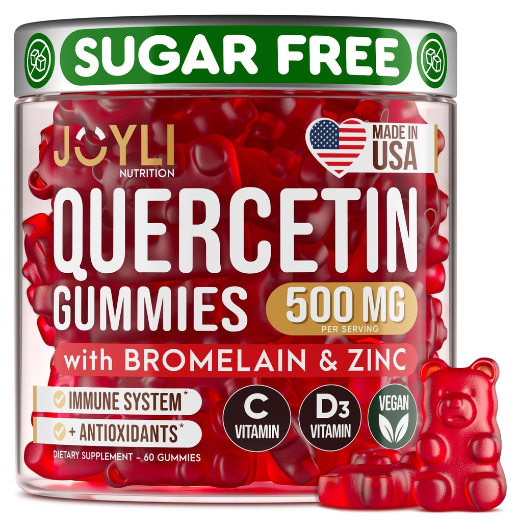 JOYLI Quercetin Gummies - Quercetina con bromelaina Zinc Vitamina C &amp; Vitamina D3 - Quercetina Suplemento 500MG para el sistema inmunológico &amp; alergia - Quercetina para niños y adultos - 60 Quercetina Chewable
