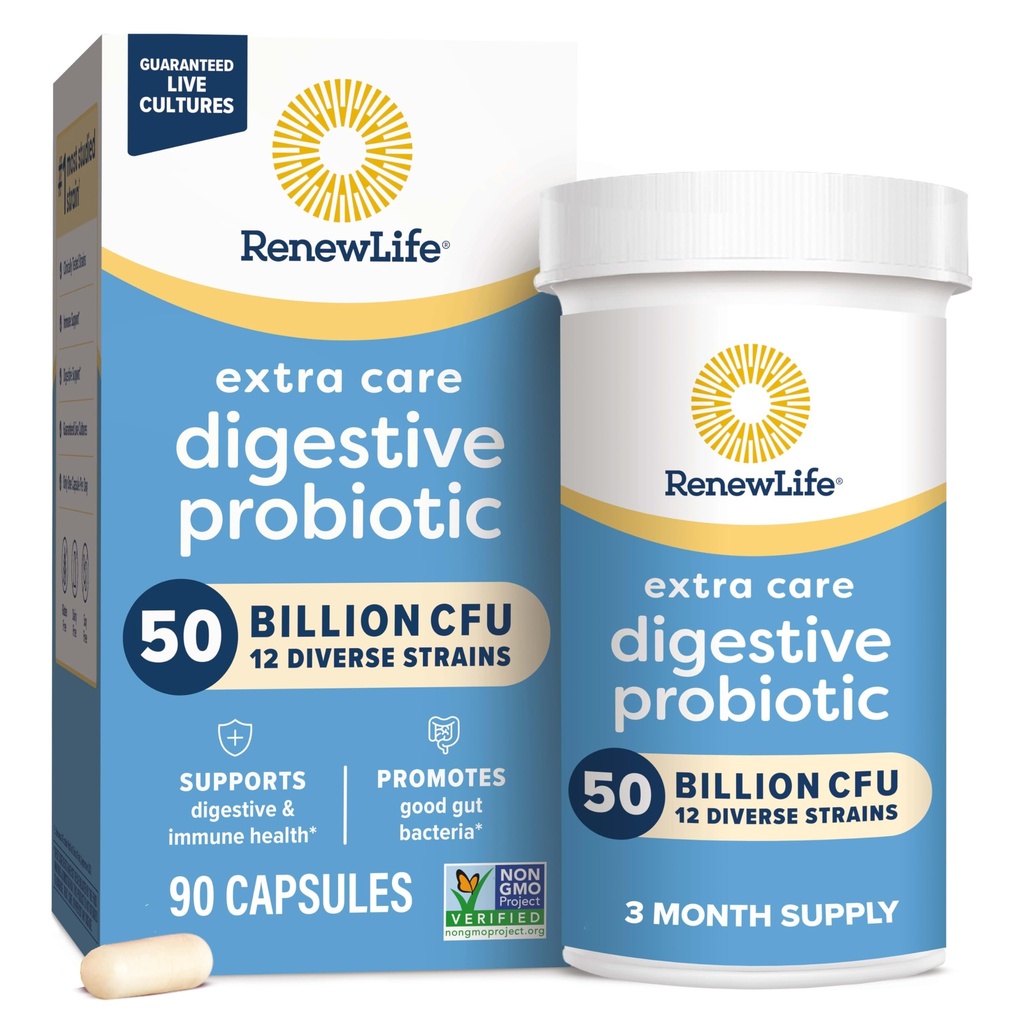 Renew Life Extra Care Digestive Probiotic Capsules, 50 Billion CFU Garantizado, Daily Supplement Supports Immune, Digestive, Respiratory Health(1), L. Rhamnosus GG, Dairy, Soy and Gluten-Free, 90 Count