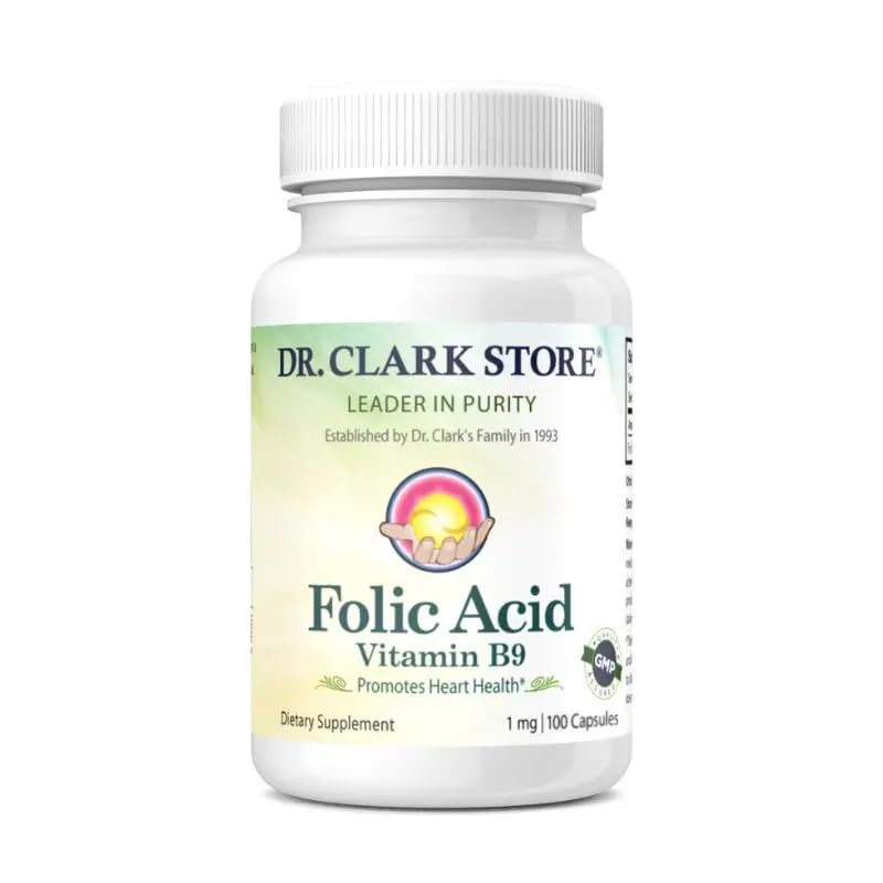 Dr. Clark Folic Acid (Vitamin B9) Suplemento – 1 mg, 100 cápsulas de gelatina, vitamina B esencial para la salud diaria