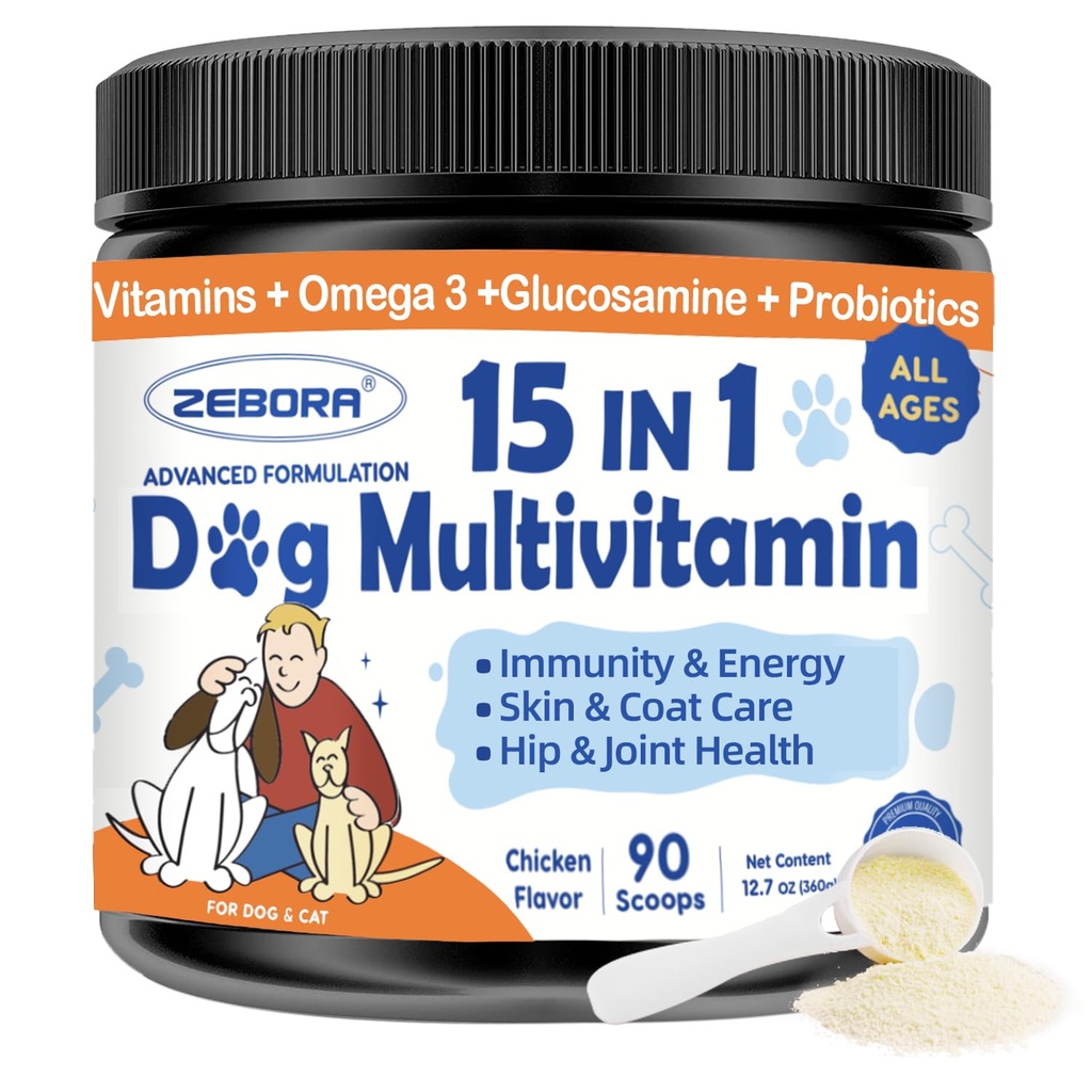 ZEBORA Pólvora multivitamínica de perros con Glucosamina, vitaminas de perros y suplementos para soporte inmunitario, piel y carne Suplemento con Omega 3 para Alivio de Alergia, Probióticos para Salud Digestiva y Gut