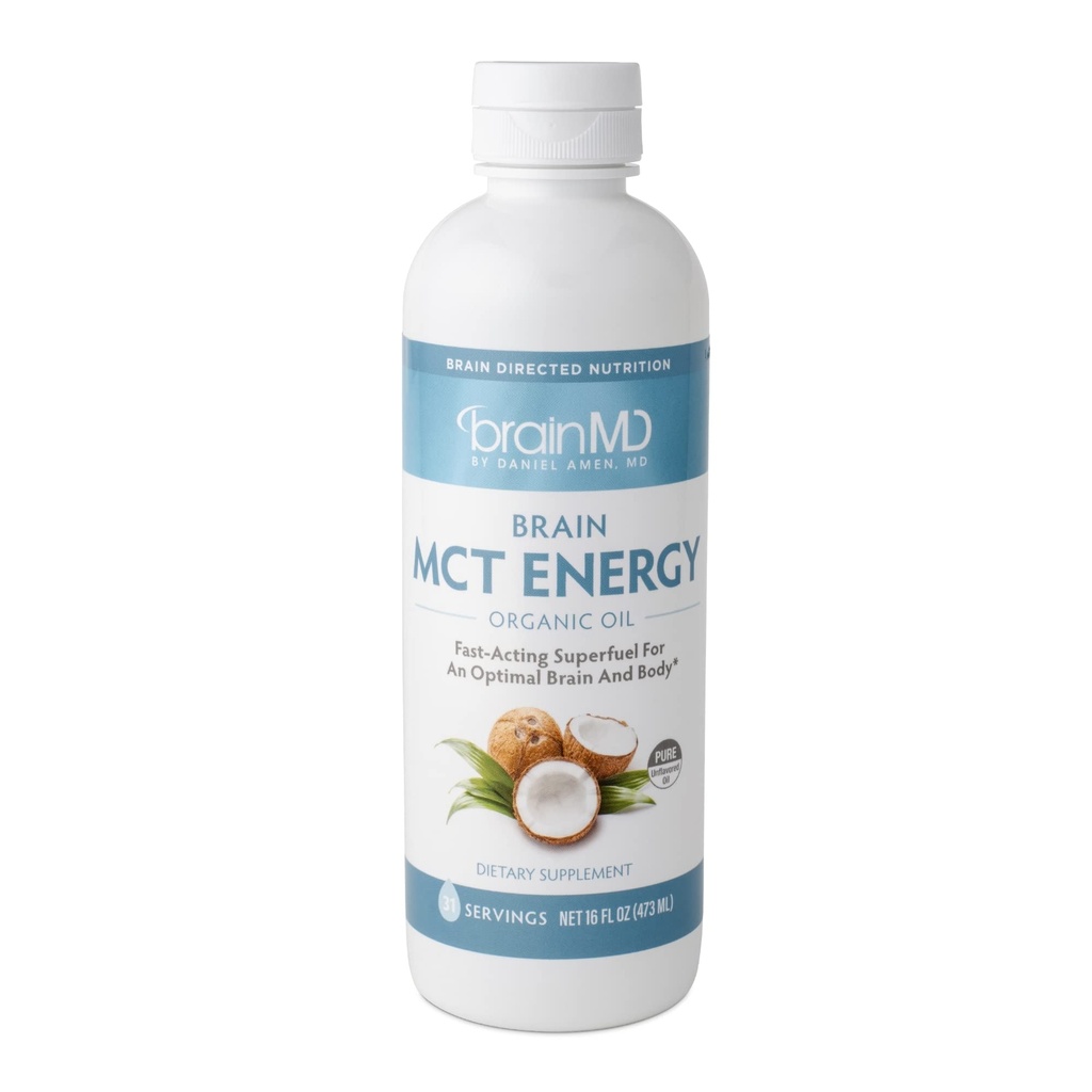 Dr Amen BrainMD Brain MCT Energy - 16 fl oz - Energy Support for Brain & Body - Mejora el enfoque " Satiety - Clean " Fast Acting - Gluten Free - 31 Servings