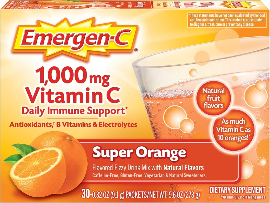 Emergen-C 1000mg Vitamina C Powder para soporte diario Caffeine Free Vitamina C Suplementos con zinc y manganés, vitaminas B y electrolitos, Super Orange Flavor - 30 Cuenta