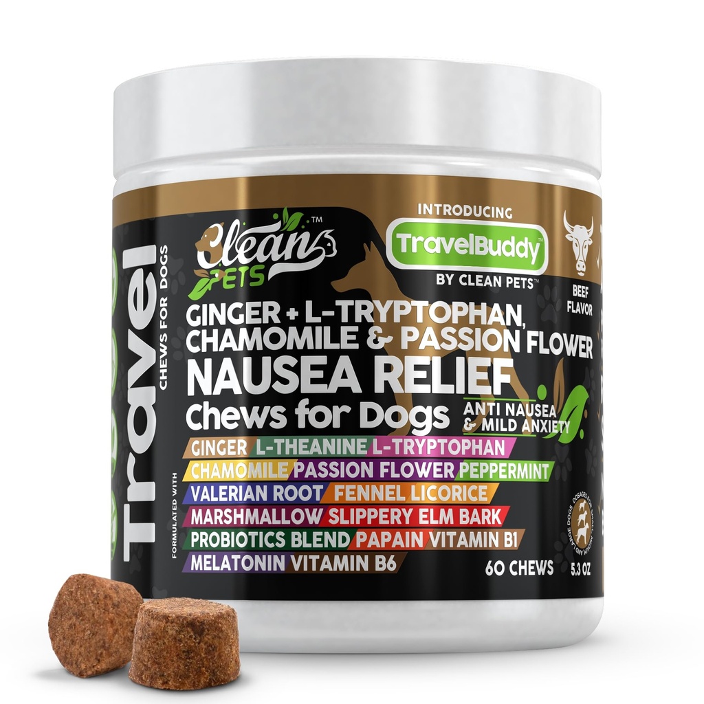 Travel Chews Alivio de Nausea para perros ← Ginger L-Tryptophan Chamomile Passion Flower L-Theanine Peppermint Valerian Root Fennel Licorice Root Marshmallow Root Slippery Elm Melatonin Chew