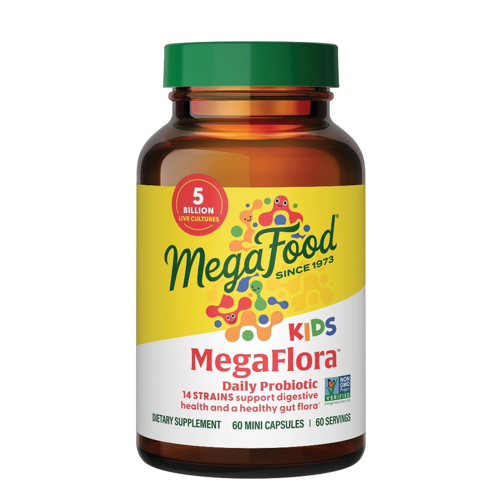 MegaFood MegaFlora Kids Probiotics - 5 Billion CFUs - Non-GMO, Vegetariano, Sin 9 Alérgenos Alimentarios, Probióticos para la Salud Digestiva- 60 Mini Capsules (60 Servings)
