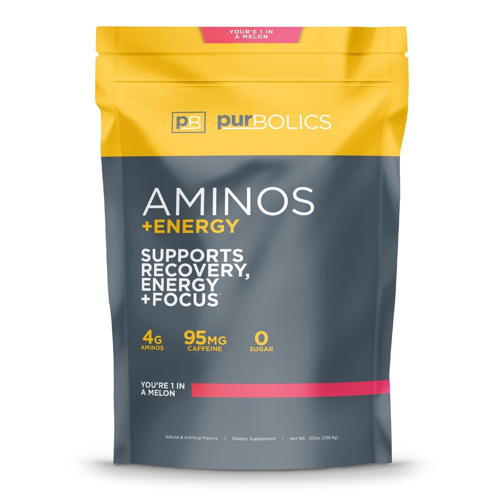 Purbolics Aminos + Energy tención apoya la recuperación, la energía y el foco  durable 95mg de Caffeine, 0 Azúcar & 60 Servimientos (Usted es 1 en A Melon)