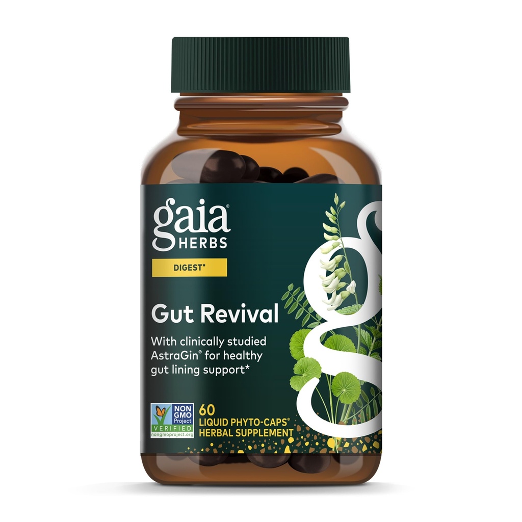 Gaia Herbs Gut Revival - Herbal Digestive Supplement to Support Gut Health - Made with Astragalus, Gotu Kola, Jujube &amp; More - Free from Dairy, Soy & Gluten - 60 Vegan Capsules (60 Servings)